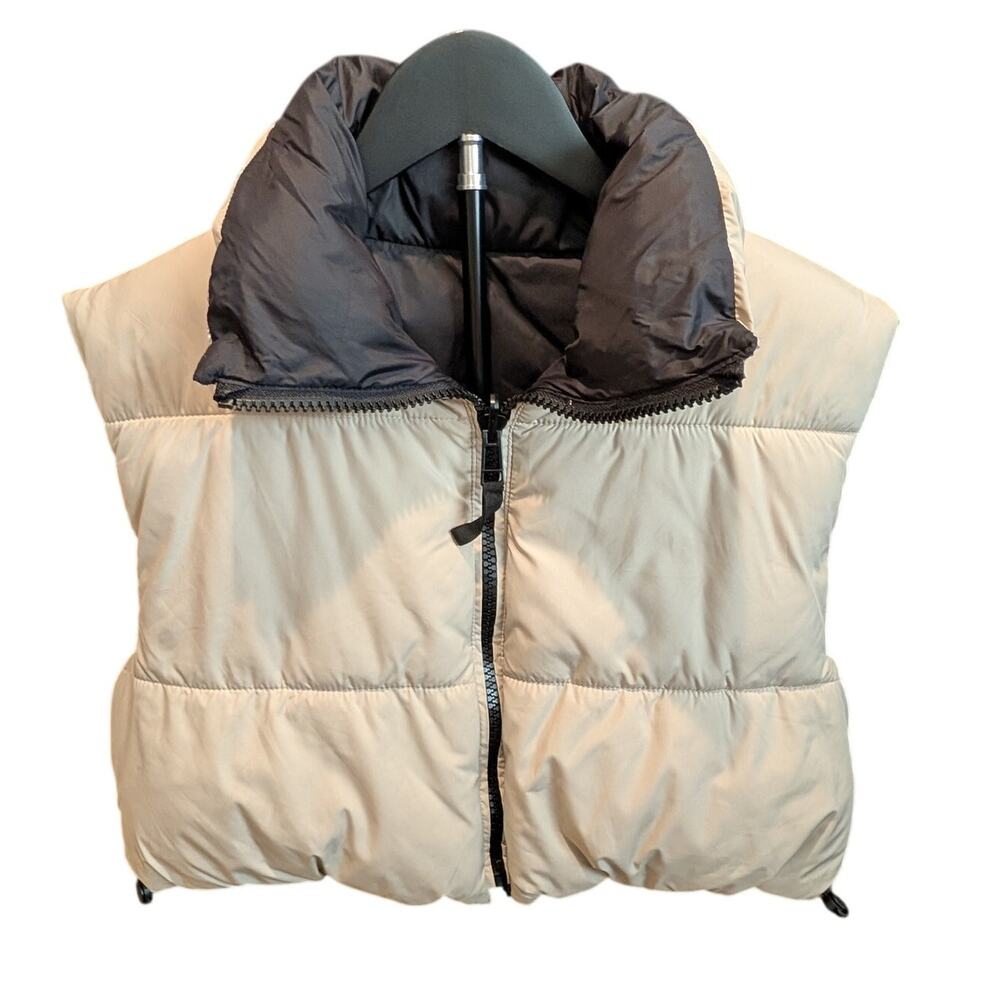 Zara Reversible Cropped Puffer Vest S Cream Black Adjustable Drawstring